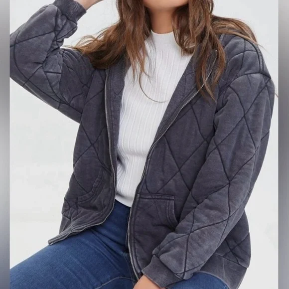 Forever 21 Quilted Mineral Wash Full Zip Hoodie Jacket - Picture 2 of 8